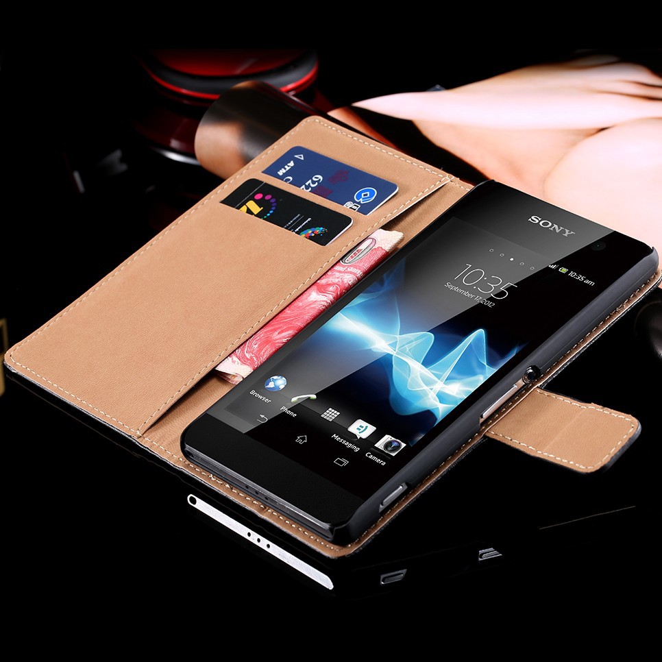Black White Classic Luxury Flip Genuine Leather Wallet Case For Sony Xperia Z3 D6603 D6643 D6653