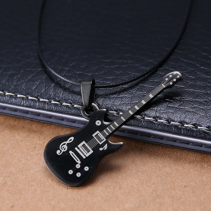 Fashion guitar Pendant 316L Stainless Steel necklaces pendants Leather Chain men necklaces Free Shipping