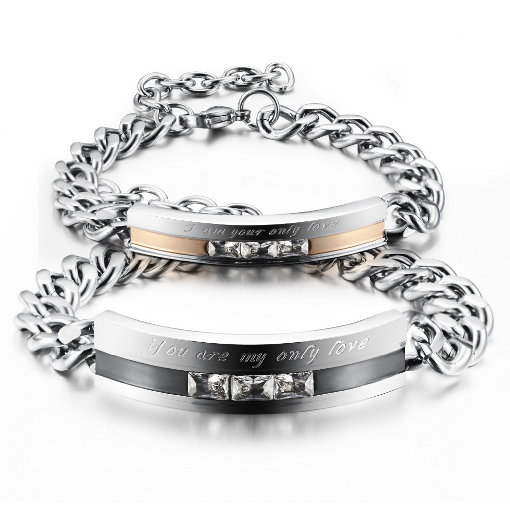 Couple Bracelet Lovers Classic ID Bracelet of stainless steel Crystal Love steel bangle with extended links