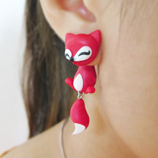 Fashion new lovely red fox stud earring polymer clay cute 3d animal earrings for women brincos