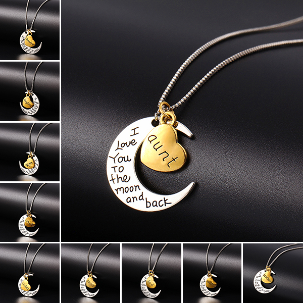New Design Fashion Luxury Retro Moon Heart Pendant Necklace Father Mom Family letter box chain necklace