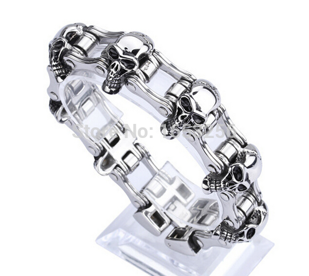 Stainless Steel Fashion Wide Skull Bracelet, 8.3 X 0.9 In