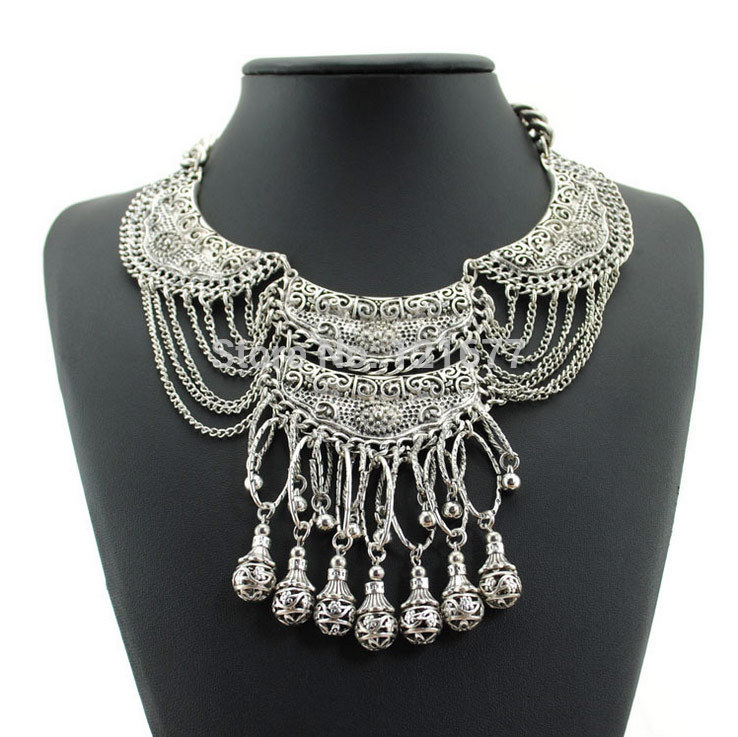 2015 Bohemian Antique Silver Tassel Necklace Vintage Trendy Turkish Gypsy Indian Ethnic Necklace For Women Fashion