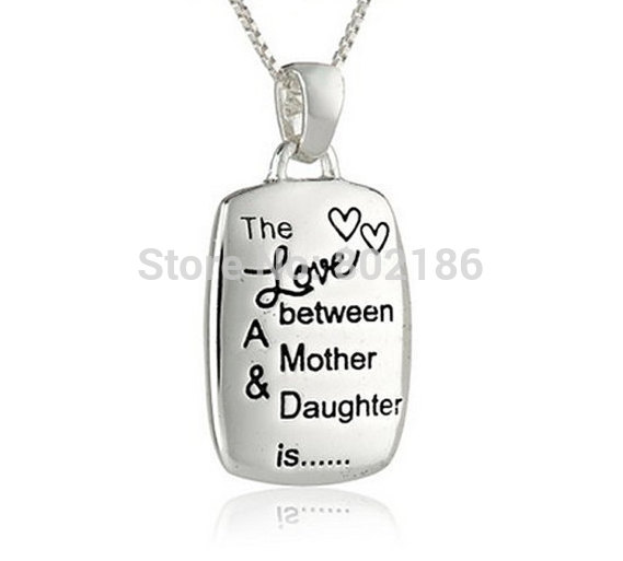 Vintage Engraved Rectangular Pendant Silver Chain Necklace Stamped Love Between Mother and Daughter Charms Necklaces Hot
