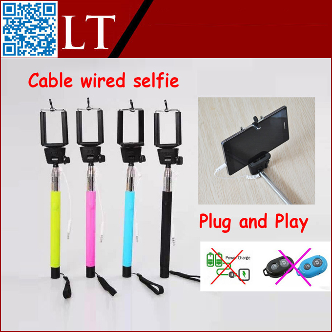 Free shipping without shutter Extendable Handheld Monopod Audio cable wired Selfie Stick take photos for IOS