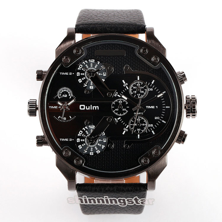 OULM New Big Dial 4Time Zone Men Military Quartz Cool Leather Band Wrist Watch