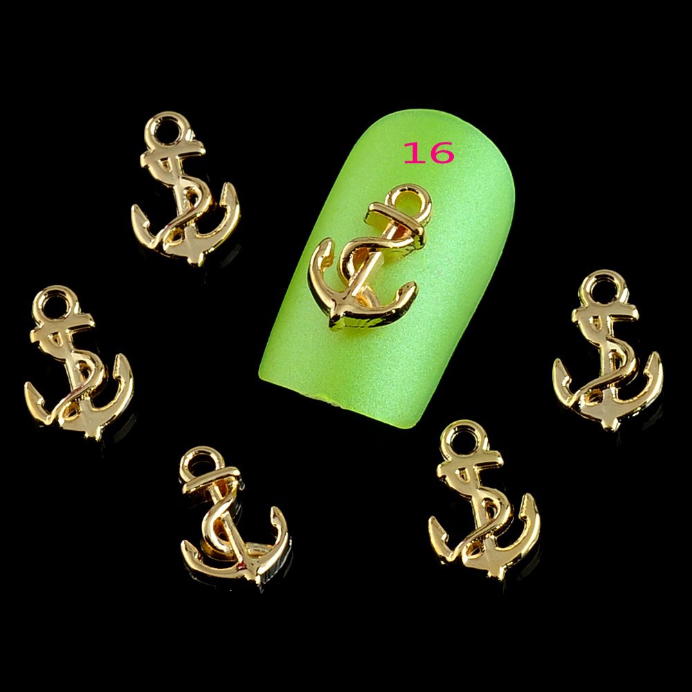 10pc Golden Alloy Glitter 3d Nail Art Anchor Decorations with Rhinestones 3D Nail Charms Jewelry on