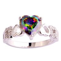 Charming Women Heart Cut Engagement Jewelry Colorful Rainbow Sapphire 925 Silver Ring Size 6 7 8 9 10 Free Shipping 2015 Design