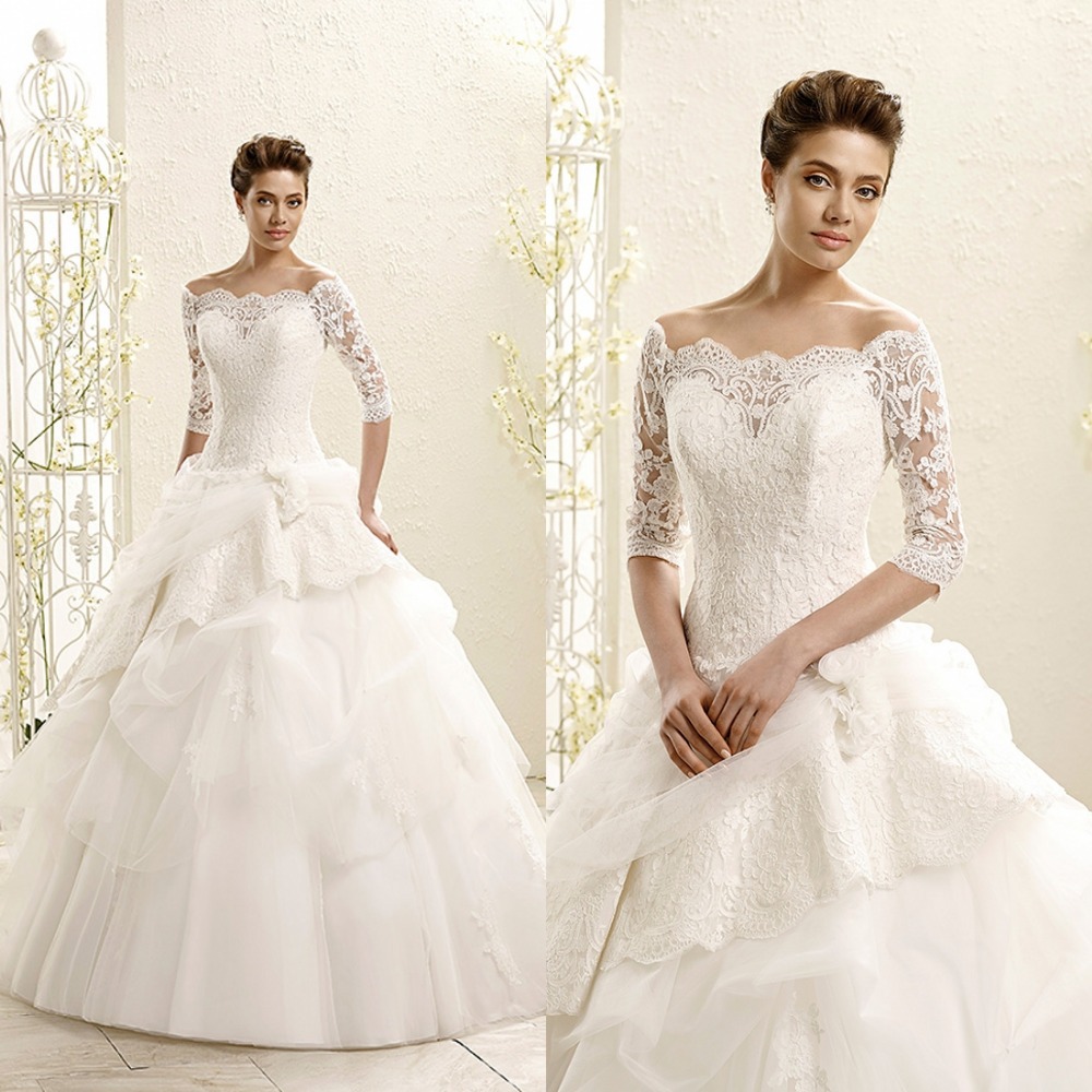 Lace-Floor-Length-Wedding-Dress-Bridal-Gown-With-Sleeves-Three-Quarter ...