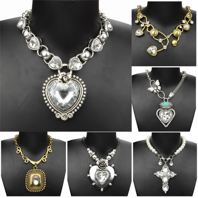 Vintage Necklce For Women Tibet Silver Heart Crystal Chain Chunky Necklace Pendant Valentine s Day Pearl
