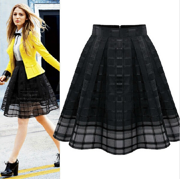 New Fashion Women Elastic High Waist Solid Zipper Chiffon Slim Skirt OL Ladies Organza Pleated Skirt