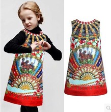2015 new spring autumn ITALY brand girls colorful fan print HIGH GRAND princess sleevelsee dress kids