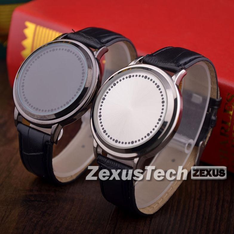 2015 Fashion Casual Men Blue LED Binary Touch Screen Watch Genuine Leather Wrist Watch For Men
