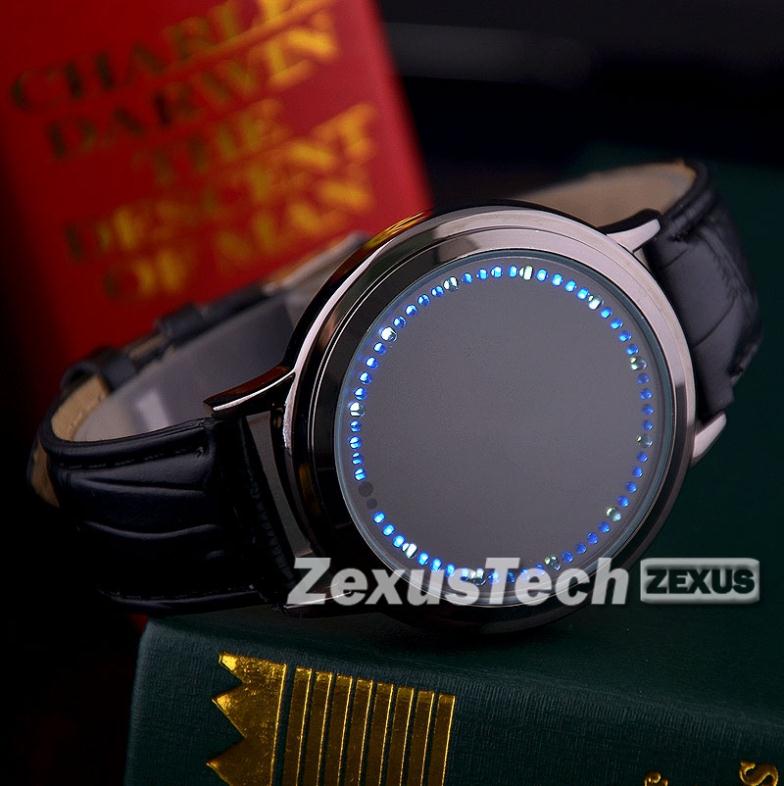 2015 Fashion Casual Men Blue LED Binary Touch Screen Watch Genuine Leather Wrist Watch For Men