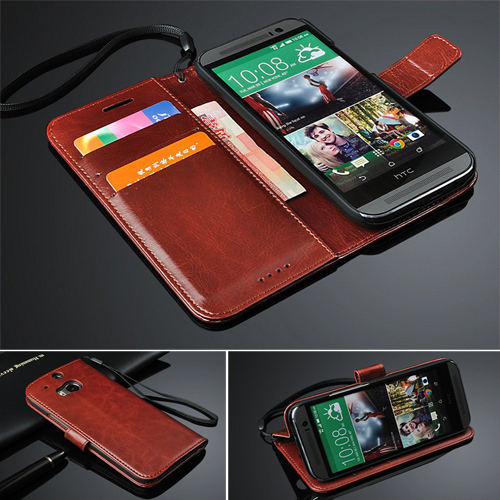 2015 New Luxury Leather Vintage Wallet With Card Slots Flip Stand Phone Case For HTC ONE