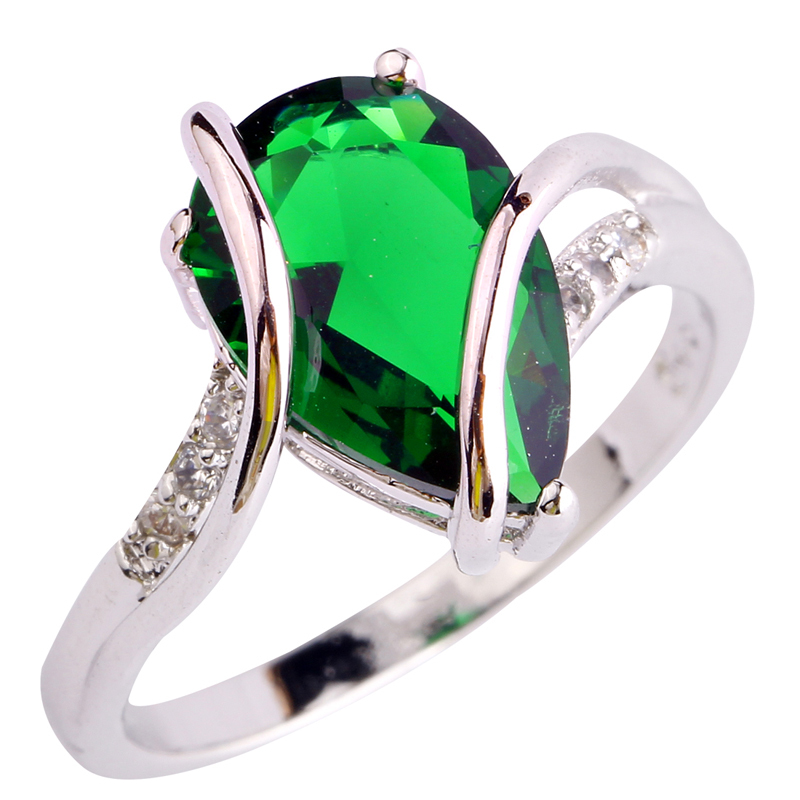 New Women Jewelry Water Drop Elegant Green Emerald Quartz Fashion 925 Silver Ring Size 6 7
