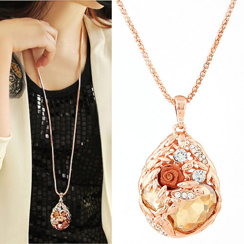 Fashion-Jewelry-Long-Pendant-Necklace-Women-Rose-Gold-Plated-Flower ...