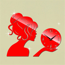 2015 New 19 68 H Silver Red Beauty Girl 3d Mirror Wall Clock Modern Design Decorative