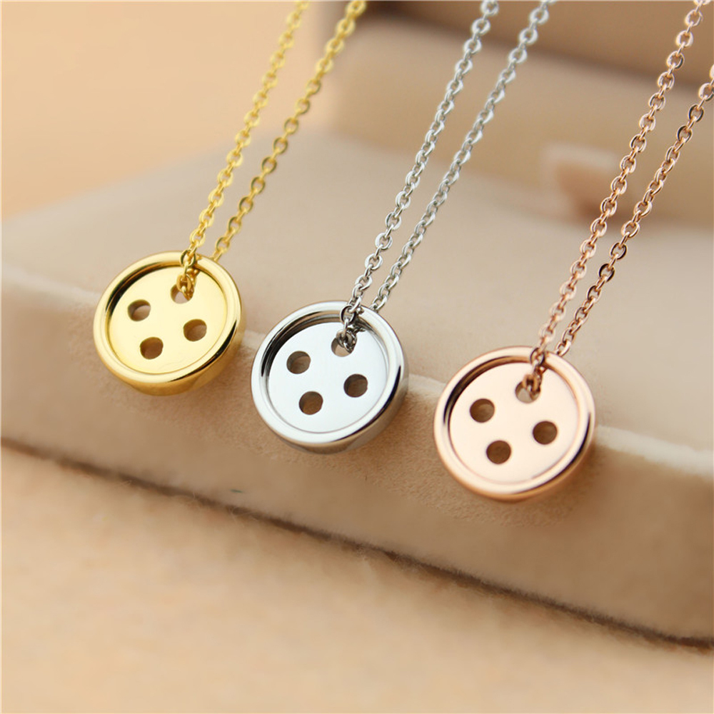 2015 Lucky Button Women Necklace Silver Gold Rose Gold Stainless Steel Link Chain Jewelry Best Gift