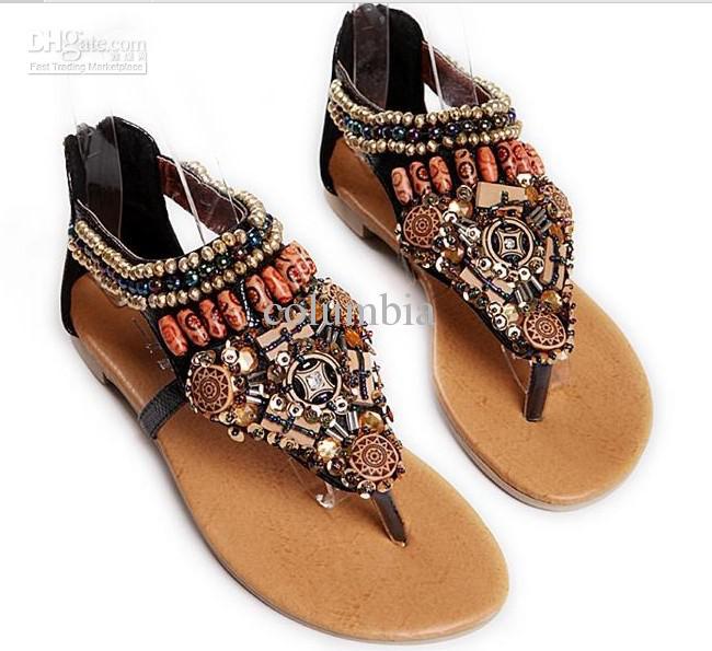 New Style Bohemian Women's Roman Beaded Flat Sandals Open toed Shoes ...