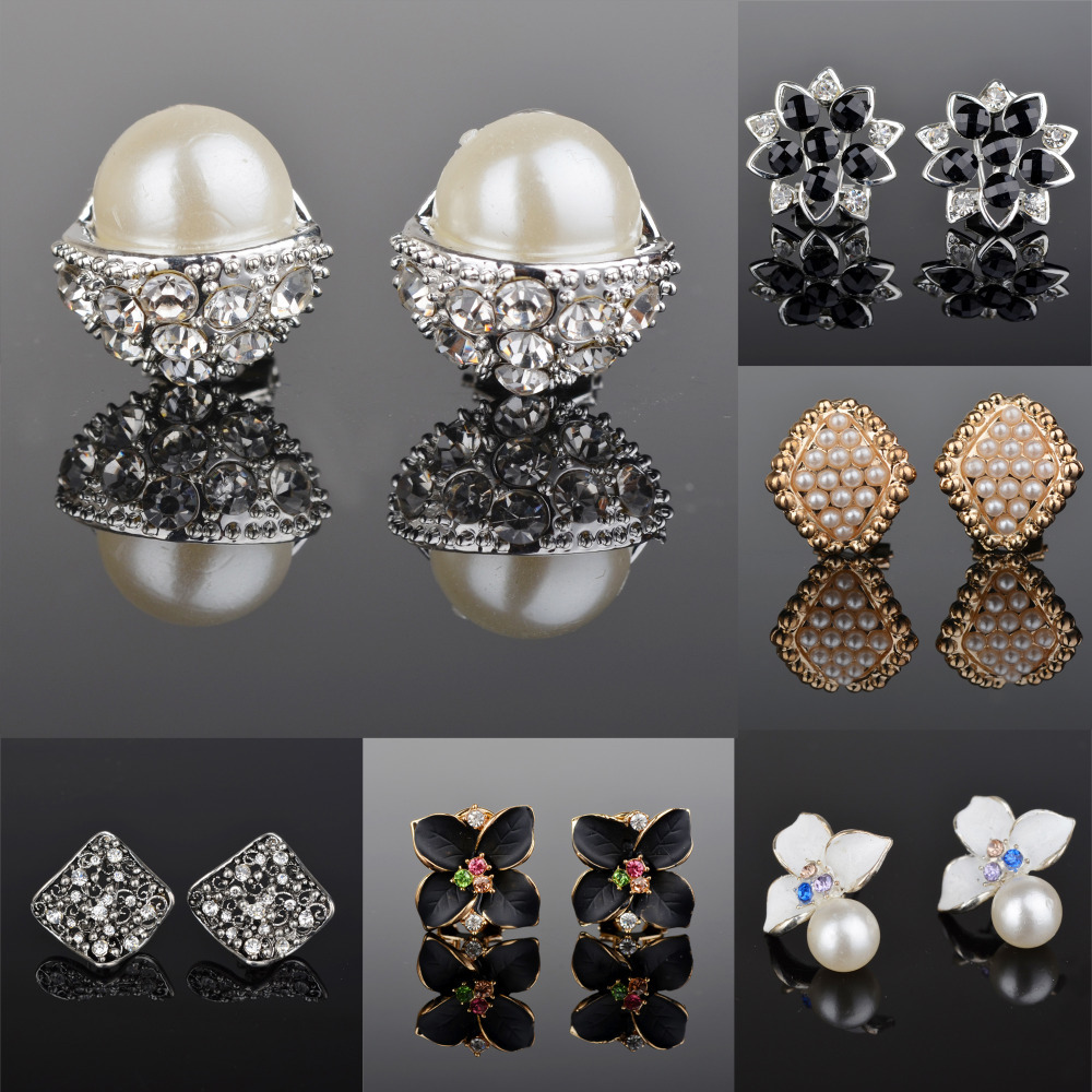 Fashion Gold Plated Rhinestone Crystal Earrings for Women Enamel Floral Stud Piercing Earrings Brincos Pearl Jewelry