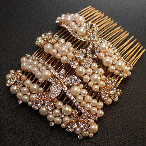 2015 New Fashion Wedding Hair Jewelry for Bridal Gold Plated Elegant Crystal Hair Comb Pearl Hair
