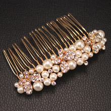 2015 New Fashion Wedding Hair Jewelry for Bridal Gold Plated Elegant Crystal Hair Comb Pearl Hair