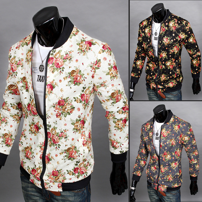 Size M XXL Chinese Style Flowers Print Coat Long Sleeve Men Casual Zipper Jackets Slim Fit