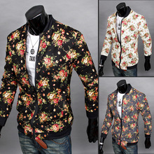 Size M XXL Chinese Style Flowers Print Coat Long Sleeve Men Casual Zipper Jackets Slim Fit