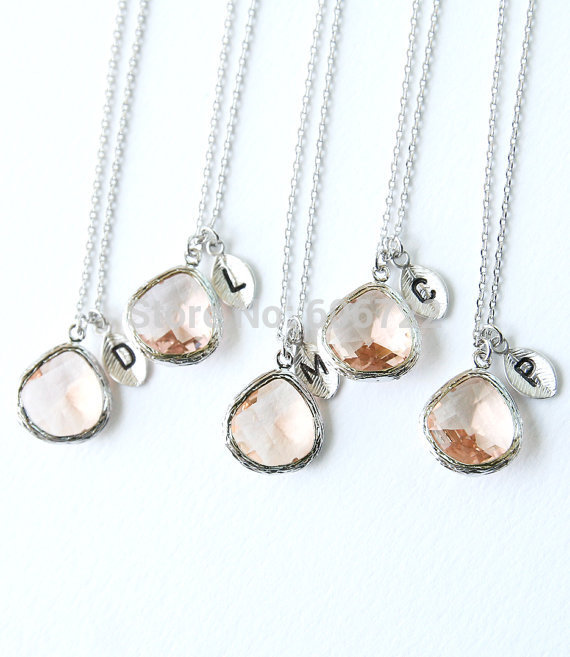 Bridesmaid Gifts Initial Stone Necklace Peach Stone Initials Necklace Women 2015 Boho Jewelry cc