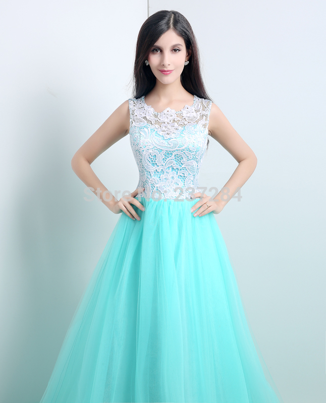 Mint Green Lace And Tulle Long Prom Dresses 2015 Sleeveless Cheap Prom ...