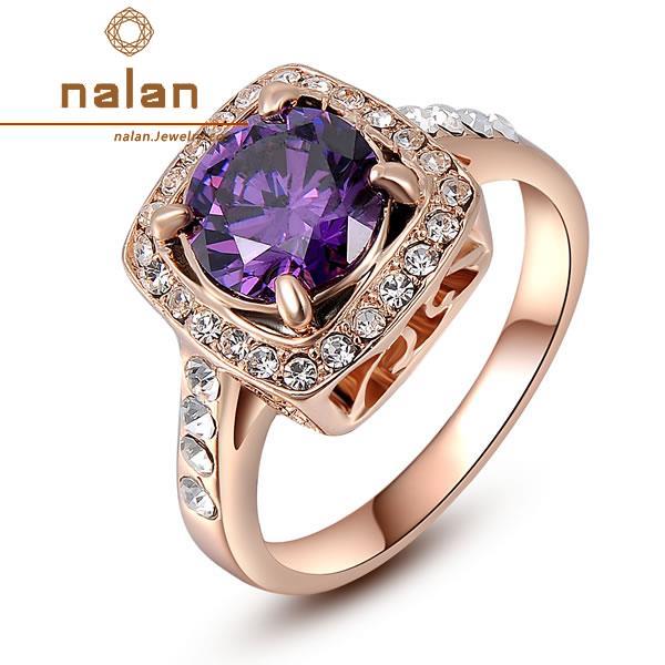  wholesale Austrian crystal rose gold square purple artificial Diamond ring finger R2010278490