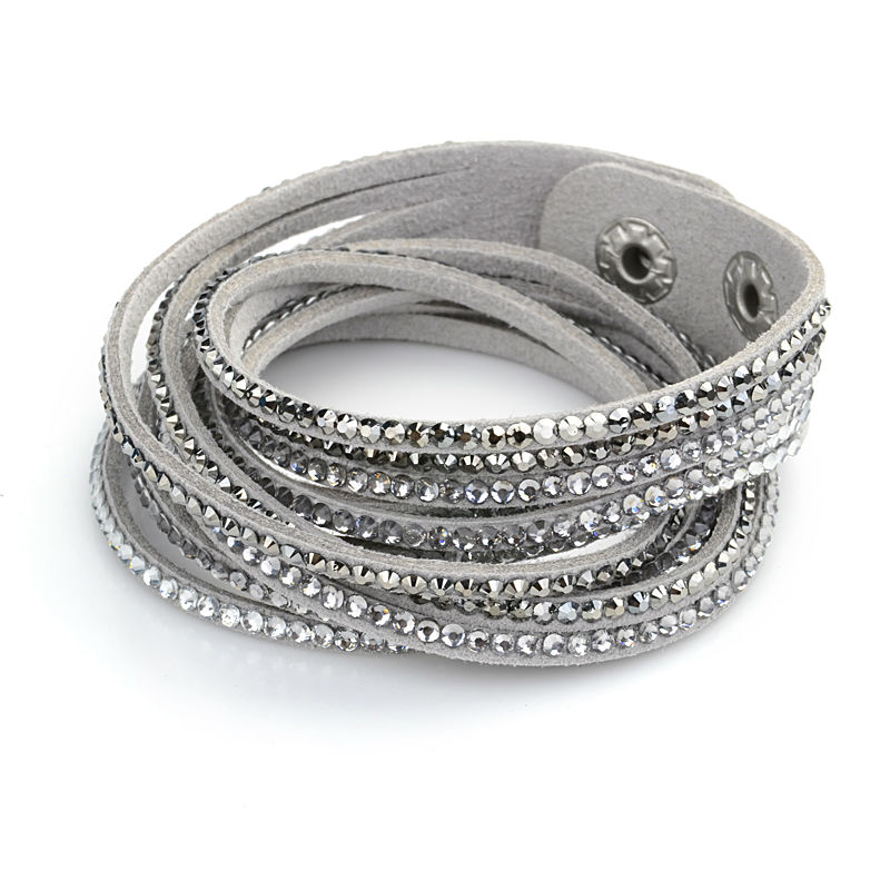 Free Shipping Fashion Women Men Jewelry 925 Silver 6 Layer Austrian Crystal Leather Wristband Wrap Bracelets