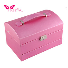 2015 New Arrival Faux Leather Large Jewelry Box Three layer Travel Case Storage and Lock