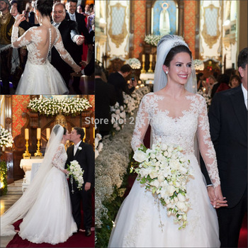 Романтический аппликации свадебные платья 2015 Vestido де Noiva высокое качество с длинными рукавами линии свадебное платье для свадьбы и события