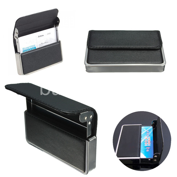 High grade Mens Luxury Black Pocket Leather Stainless steel Business ID Credit Card Holder Wallet Case