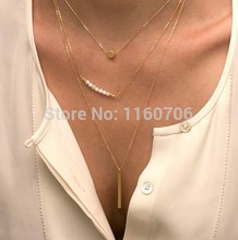 Hot Fashion Gold Plated Fatima Hand 3 Multi Layer Chain Bar Necklace Gold Beads and Long