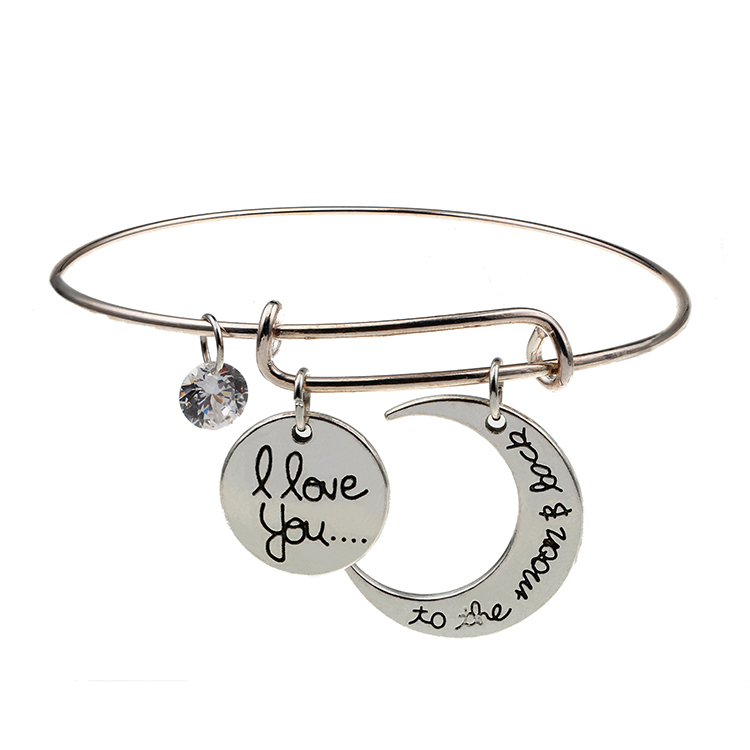 2015 New Silver Plated Alloy Zircon I love you to the moon and back Bracelets Bangles