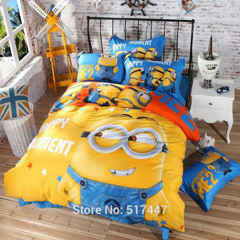 Double Yellow 3d printed cartoon kids minions bedding set 4/3pcs cotton king queen twin size
