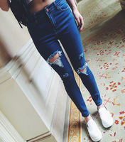 Elina\'s shop new fashion 2015 Women\'s capris high waist denim costume ripped hole hollow pencil jeans for women pants s m l xl