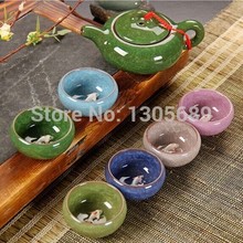 7pcs calvings glaze multi-colored porcelain embossed goldfish kung fu tea set pot crackle glaze tea cup fish design on sales