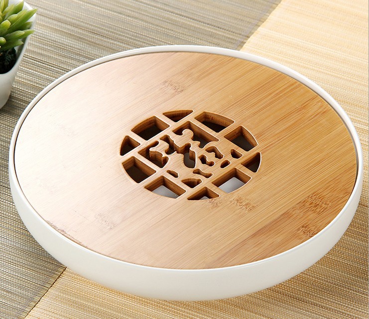 smooth bamboo ceramic Water storage tank tea tray creative Round tea tray chinese tea tray bamboo