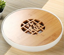 smooth bamboo + ceramic Water storage tank tea tray creative Round tea tray chinese tea tray bamboo tea tray