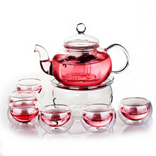 600ml glass teaset / kettle, tea set including6 double-wall cups + warmer + 1 candles, heat-resistant glass pottea set