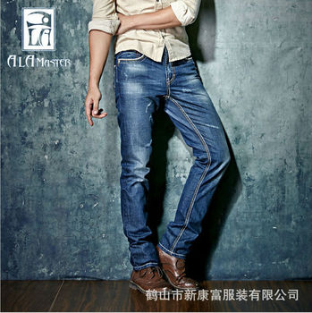 Новый 2015 осень жан мужские брюки дышащий синий тонкий Fit хлопок мужской бренд джинсы