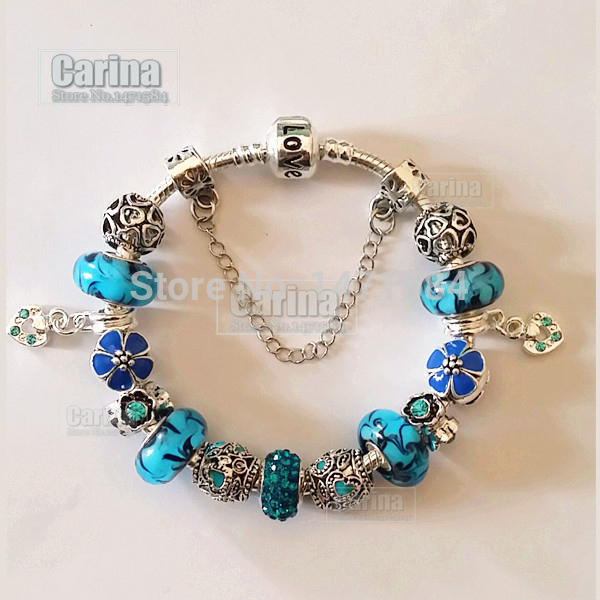  15 21CM Charm Blue Flower glass bead Fit Pandora Style Bracelet for women Fashion blue