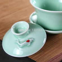 100ml Longquan kiln celadon carousingly covered teacup tea set celadon red carp ceramic tureen kung fu