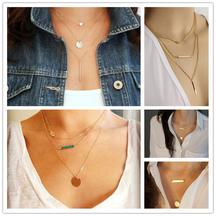 Brief Chain Necklace Fashion Gold Plated Fatima Hand 3 Layer Chain Bar Necklace Beads and Long