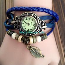 New Retro Vintage Fashion Women Jewelry Genuine Leather Band Leaf Pendant Bracelet Watch Wristwatches Quartz Stainless