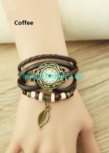 New Retro Vintage Fashion Women Jewelry Genuine Leather Band Leaf Pendant Bracelet Watch Wristwatches Quartz Stainless